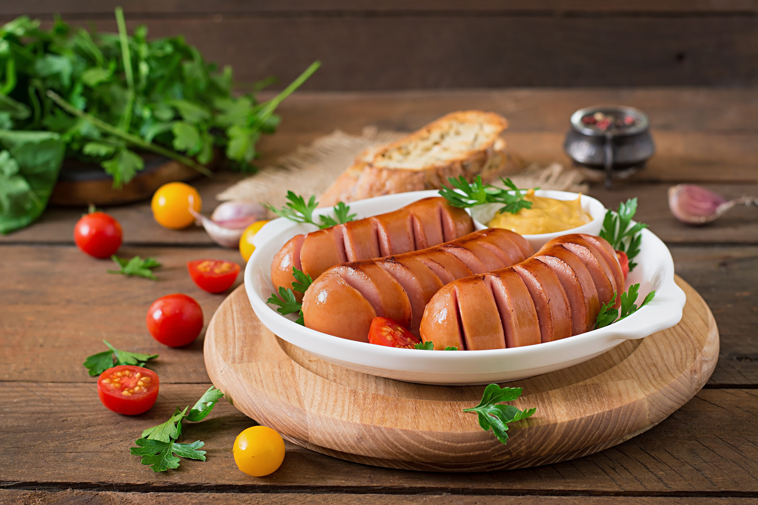 Sausages on the grill pan on the wooden background